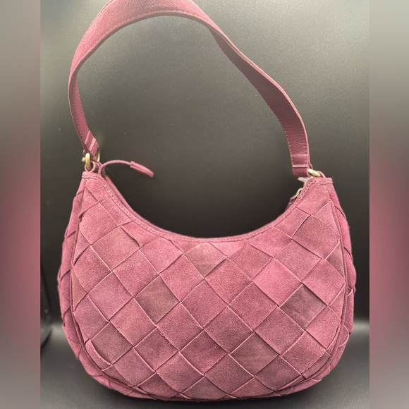 Genuine Suede Woven Hobo Shoulder Bag Burgundy - Picture 2 of 10